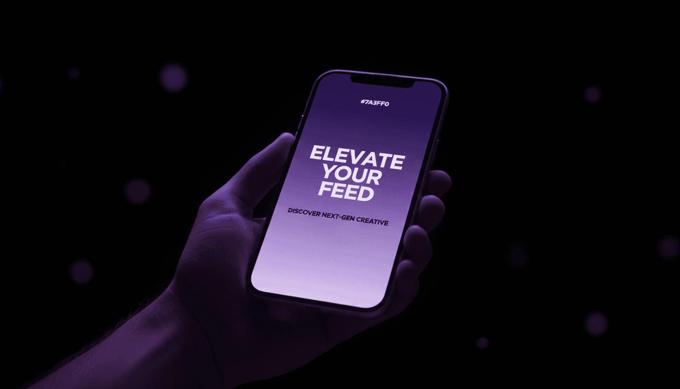 Hand holding a phone with a vibrant social media ad on screen against a dark studio background