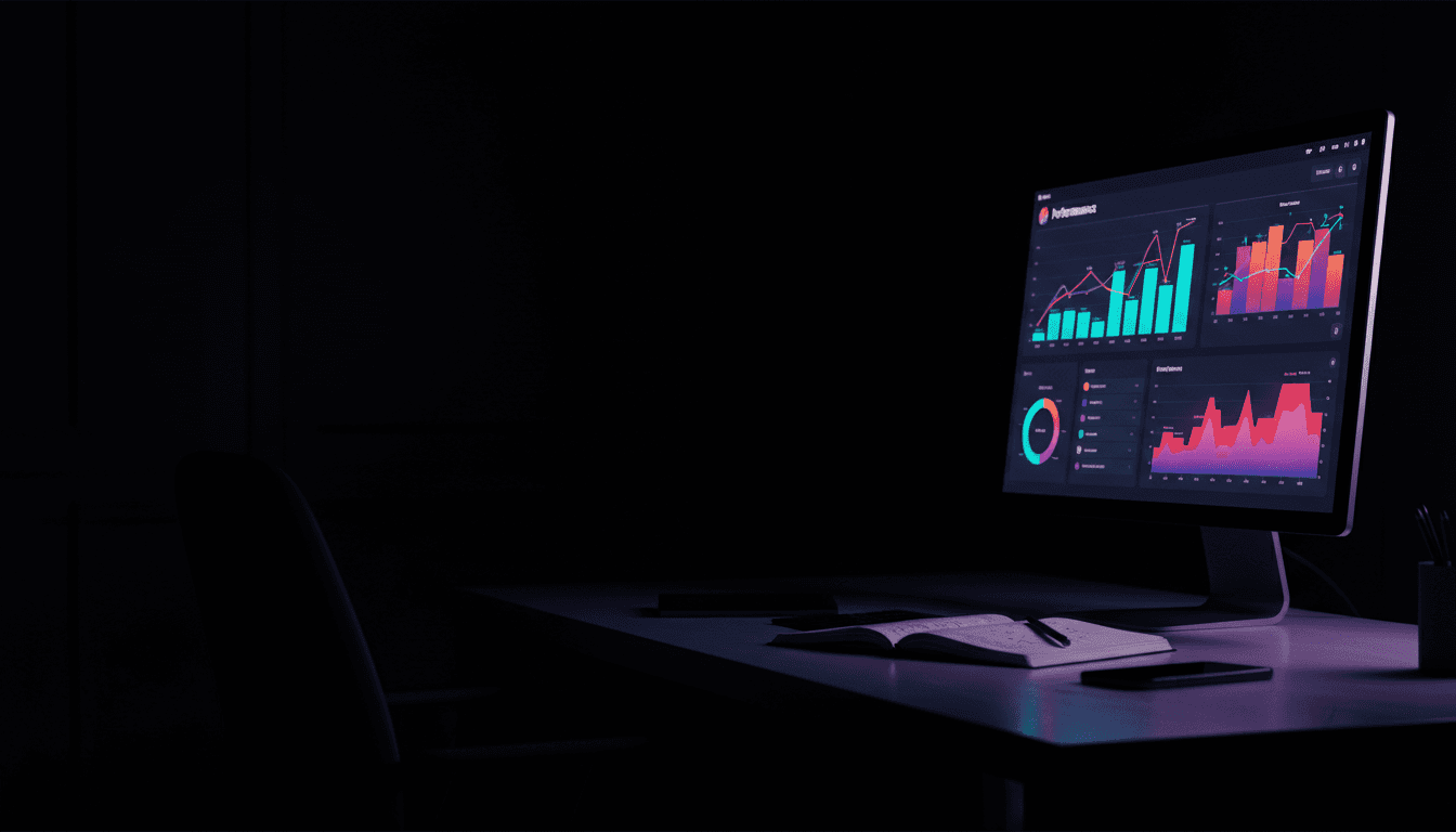 Blurred analytics dashboard glowing on a monitor in a dark studio, violet accent lighting