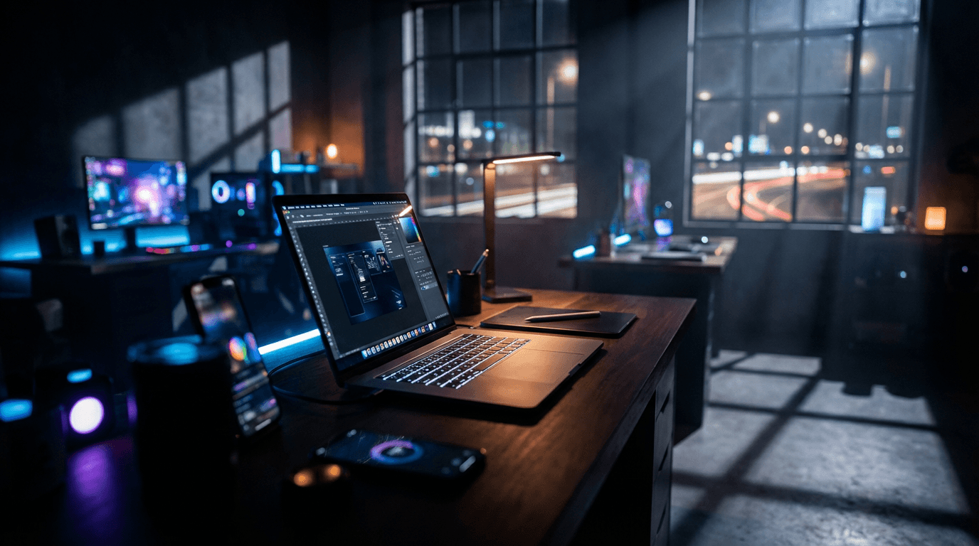 Creative professional analyzing advertising performance data on a monitor in a dark modern studio