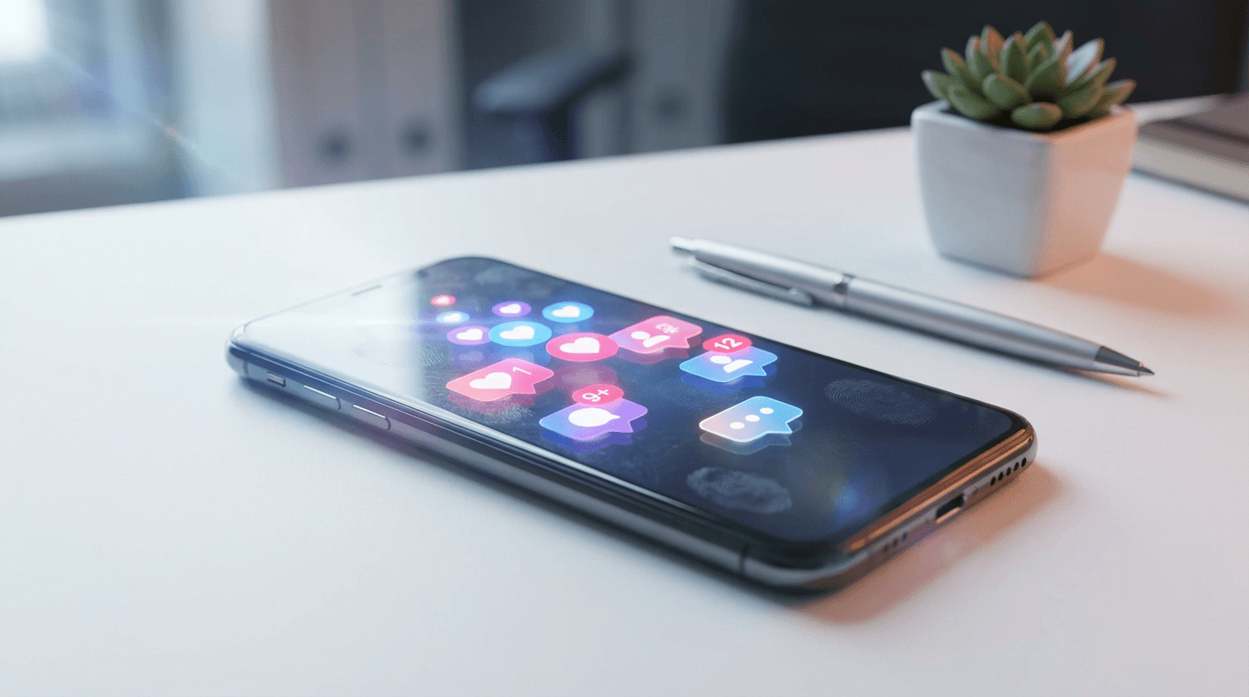 Smartphone with a social media feed on a dark studio desk with violet lighting