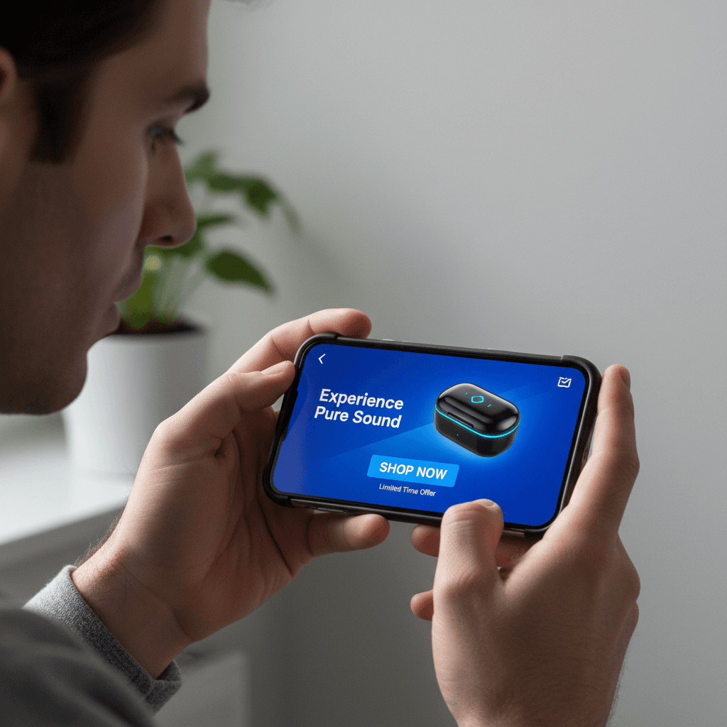Hand holding a phone displaying a bold social media ad