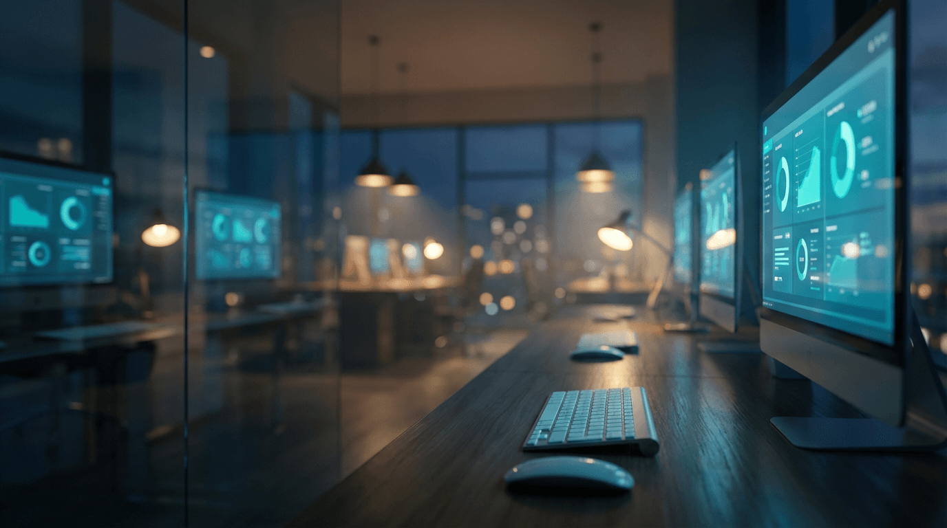 Dark studio workspace with a monitor showing blurred colorful social media ads in violet ambient light