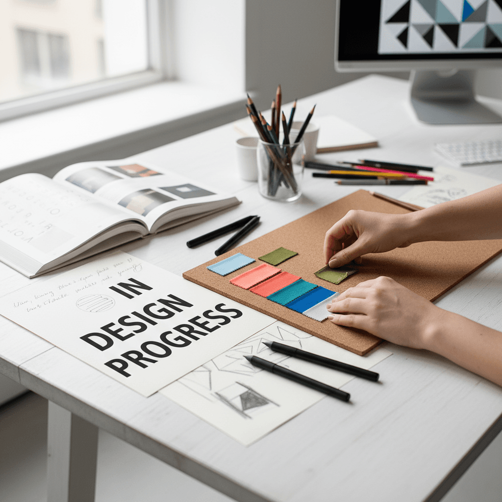 Creative workspace with ad storyboards and printed mockups