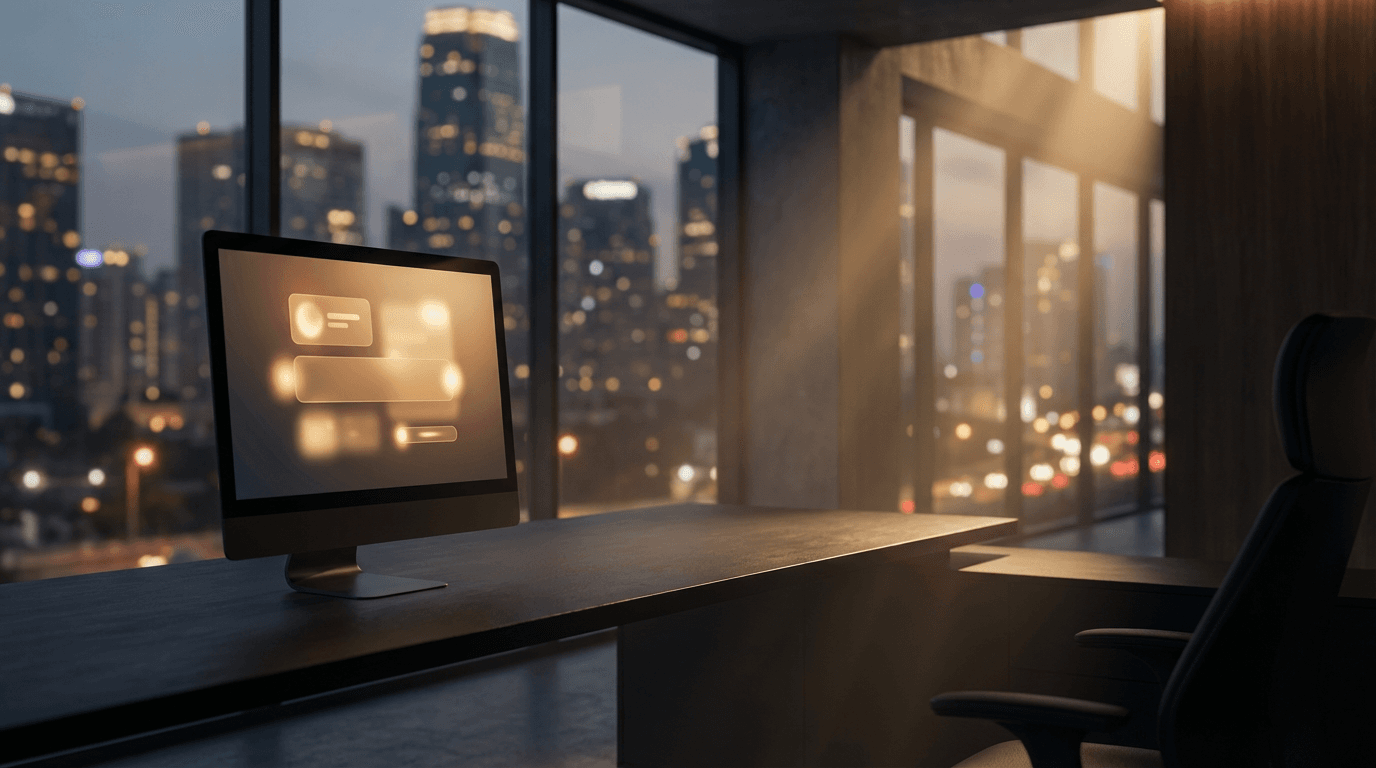 A modern workspace bathed in violet light with a monitor showing abstract data and analytics, set against a dark moody background