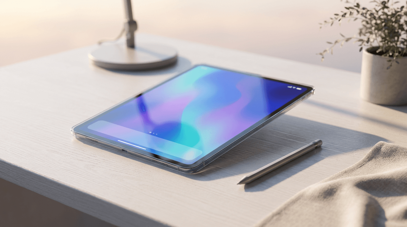 Hands adjusting a smartphone and tablet with glowing violet ad creatives in a dark studio