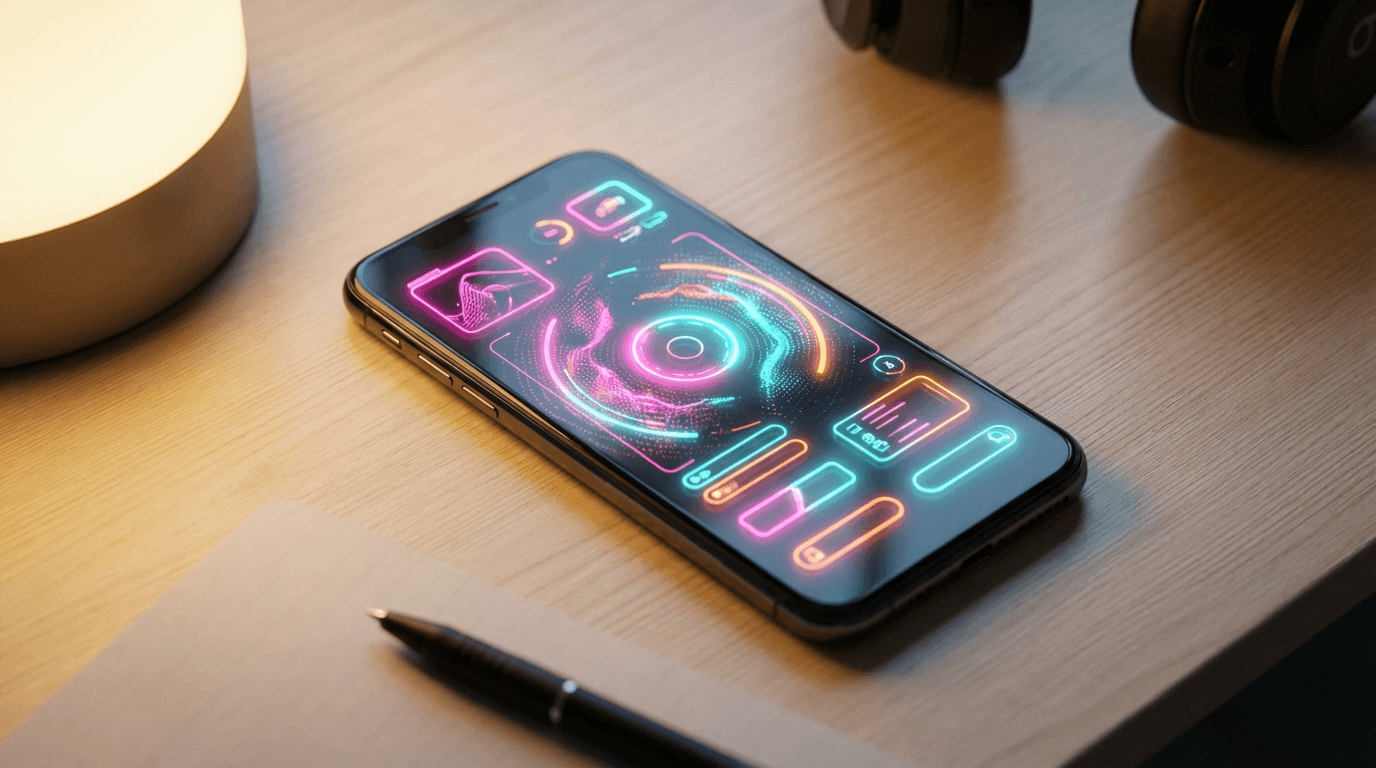 Smartphone displaying a vibrant abstract ad creative in a dark studio
